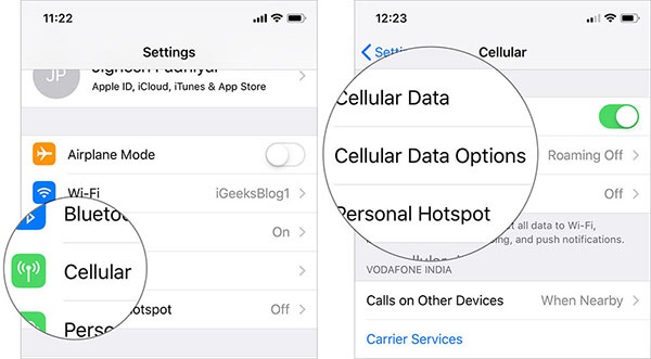 Bạn mở mục Settings >> Cellular Data >> chọn bật tính năng Cellular Data