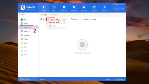 Chọn mục Photos, nhấn Import