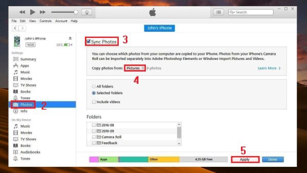 Chọn Photos, tích Sync Photos, chọn ảnh cần chuyển, nhấn Apply