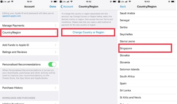 Chọn Country/Region → Change Country or Region → Singapore