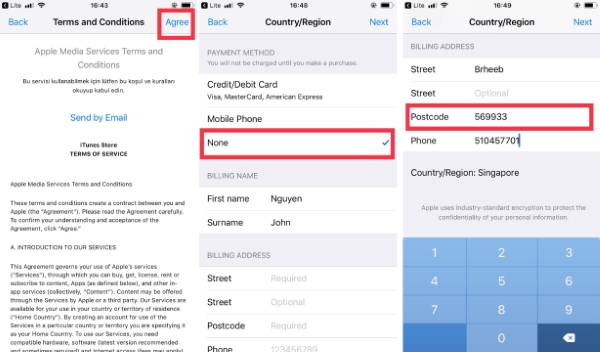 Nhấn Agree, chọn None và điền mã zip Singapore