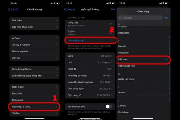 Nhấn Ngôn ngữ & Vùng, tiếp tục chọn Ngôn ngữ iPhone
