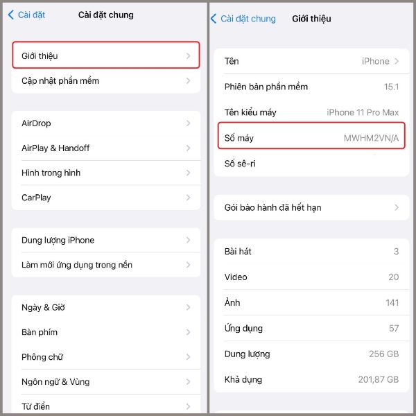 Nhấn Giới thiệu, tìm mục Số máy