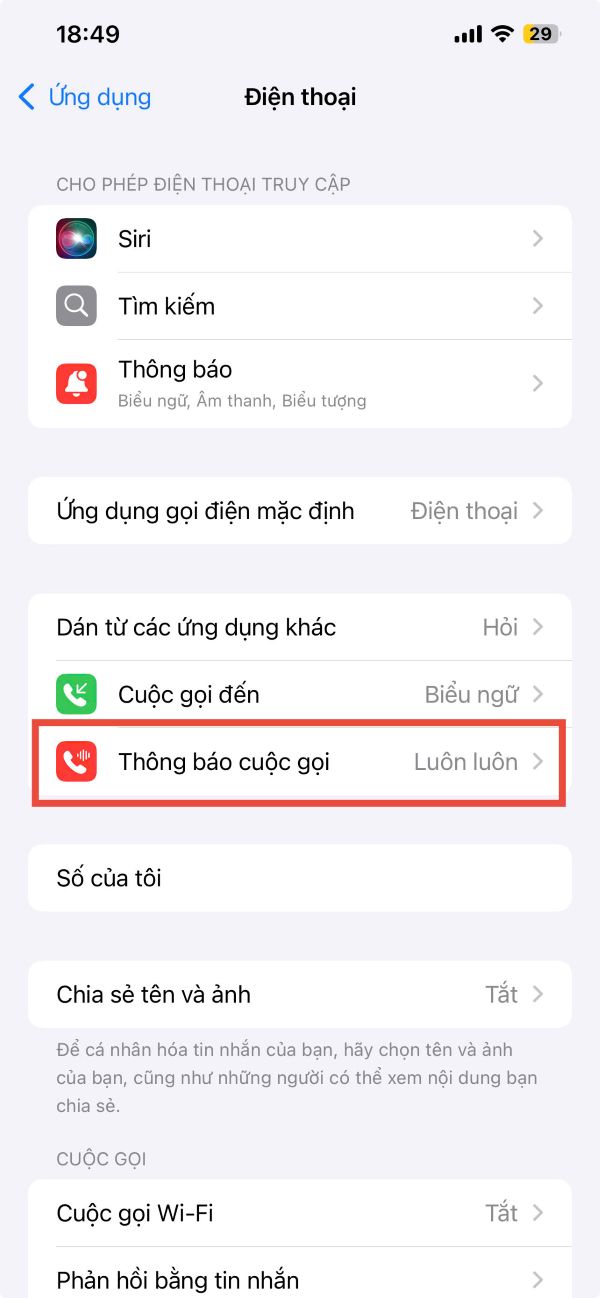 Nhấn vào Thông báo cuộc gọi