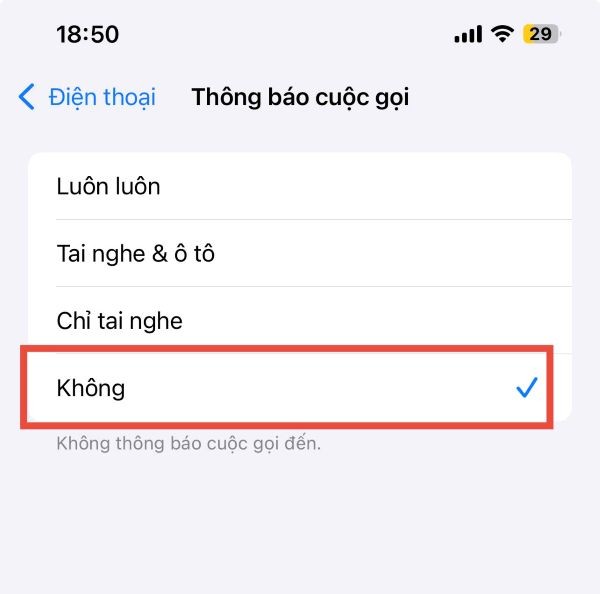 Chọn Không để tắt tiếng đọc tên người gọi