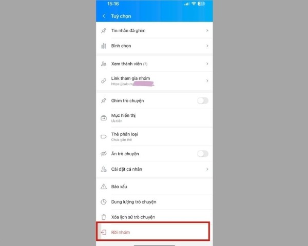 Chọn "Rời nhóm"