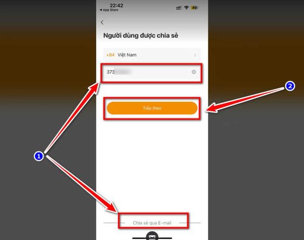 Nhập email hoặc số điện thoại đã đăng ký tài khoản Imou Life của người nhận