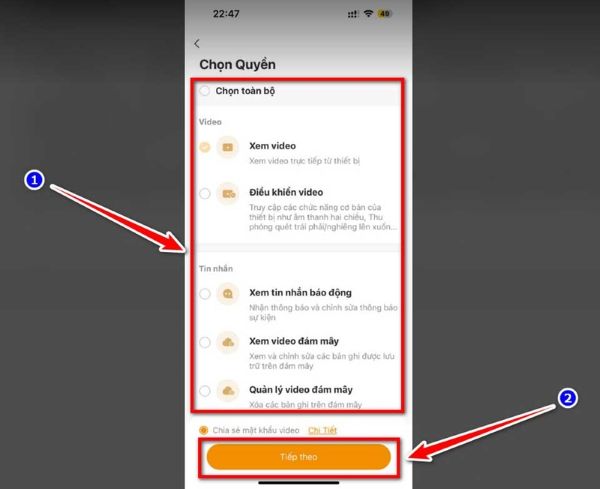 Chọn quyền truy cập cho người nhận