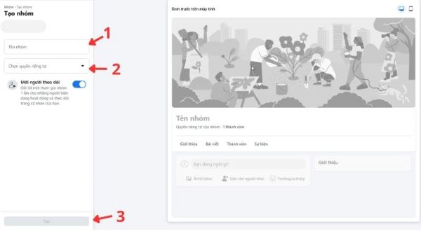 Nhập tên nhóm và chọn quyền riêng tư của nhóm