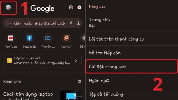 Chọn Cài đặt trang web